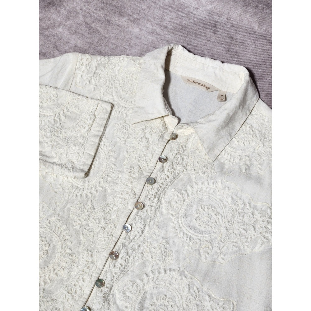 SOFT SURROUNDINGS Tunic Button‎ up Shirt Floral Embroidery Rayon/Linen beige M